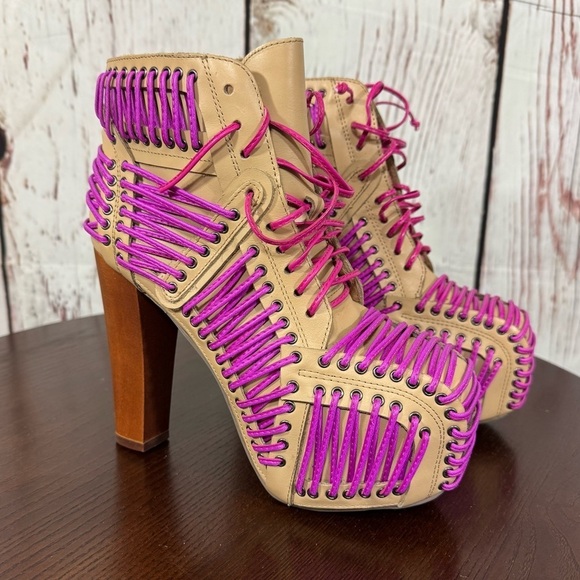 JEFFREY CAMPBELL LITA LACED in Neon Pink & Purple On Tan Leather Ankle Boots 6.5 - Picture 15 of 16